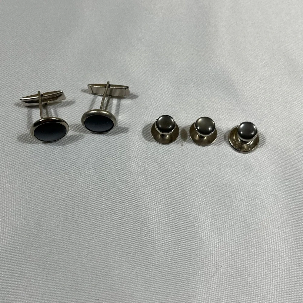 Cufflinks and Studs Set Men Silver Grey Formal Tuxedo Accessories